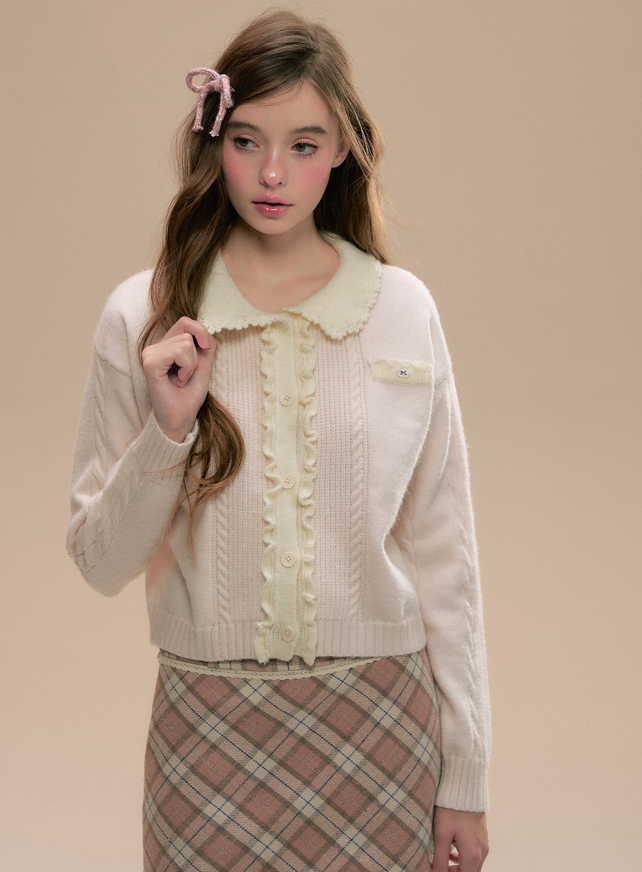 Flower Lace Collar Ruffle & Cable Girly Cardigan SUN0099