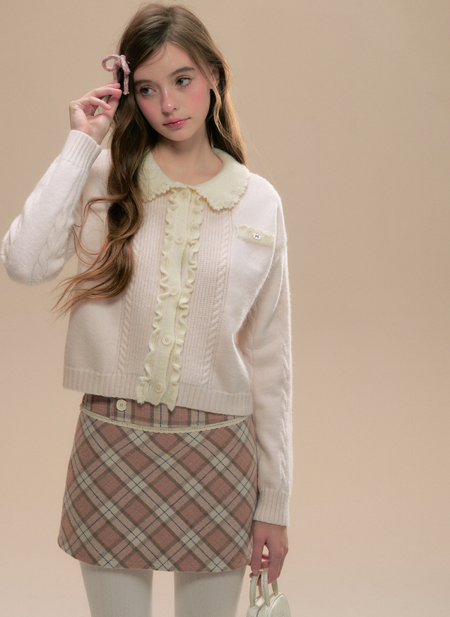 Flower Lace Collar Ruffle & Cable Girly Cardigan SUN0099