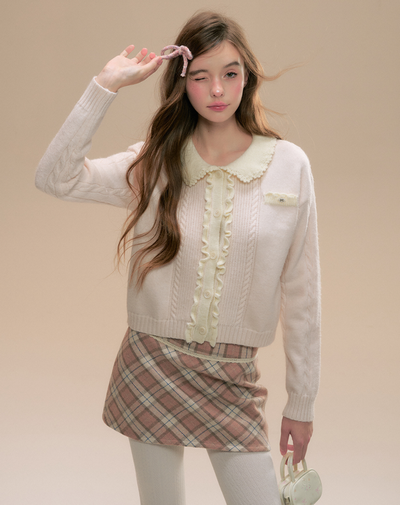 Flower Lace Collar Ruffle & Cable Girly Cardigan SUN0099