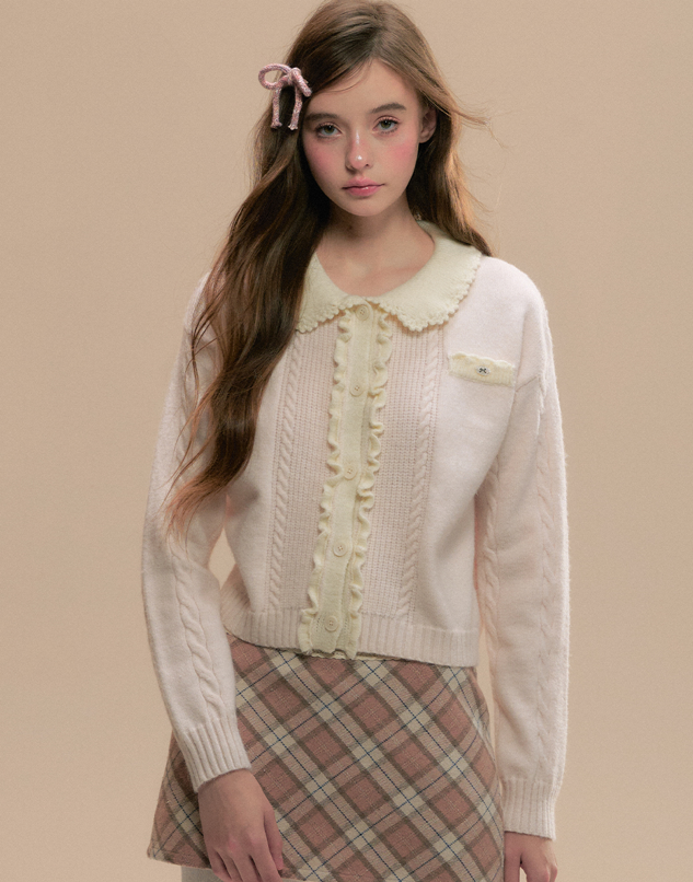 Flower Lace Collar Ruffle & Cable Girly Cardigan SUN0099