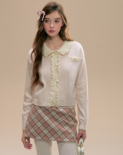 Flower Lace Collar Ruffle & Cable Girly Cardigan SUN0099