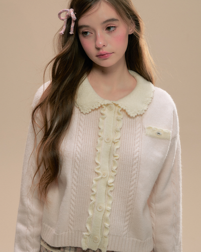 Flower Lace Collar Ruffle & Cable Girly Cardigan SUN0099