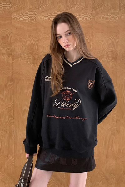 Retro sports design V-neck contrast sweatshirt DID0199