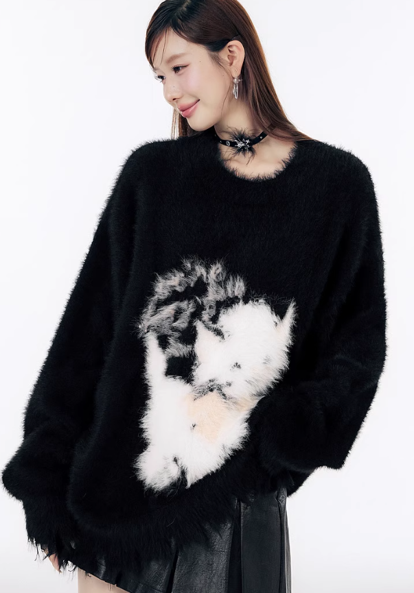 Irregular Hem Design Cat Pattern Soft Knit Top LAC0242