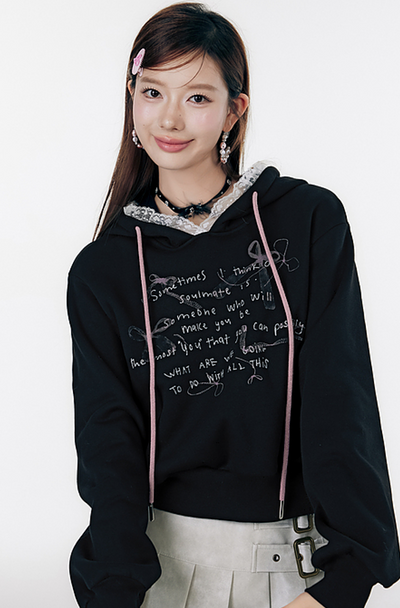 Sweet Ribbon Letter Print Lace Hooded Sweat Top LAC0243