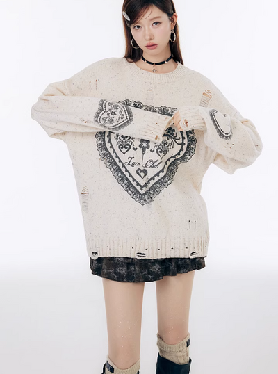 Lace Heart Pattern Mixed Color Loose Knit Top LAC0245