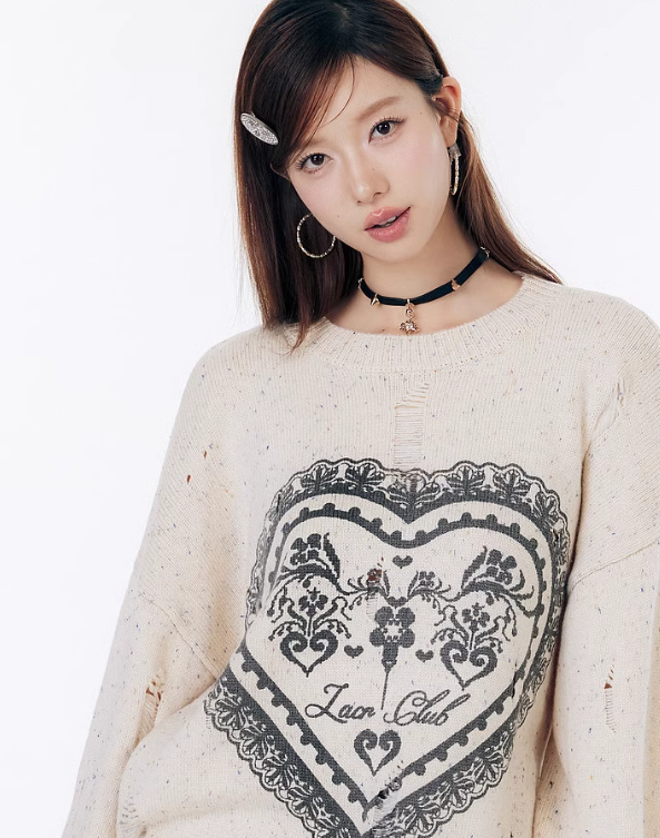 Lace Heart Pattern Mixed Color Loose Knit Top LAC0245