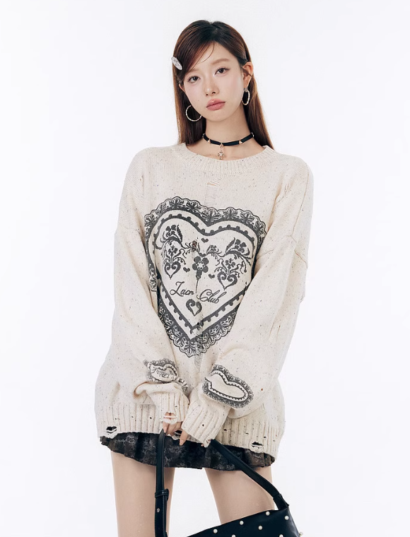 Lace Heart Pattern Mixed Color Loose Knit Top LAC0245