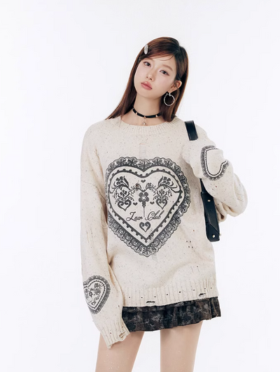 Lace Heart Pattern Mixed Color Loose Knit Top LAC0245