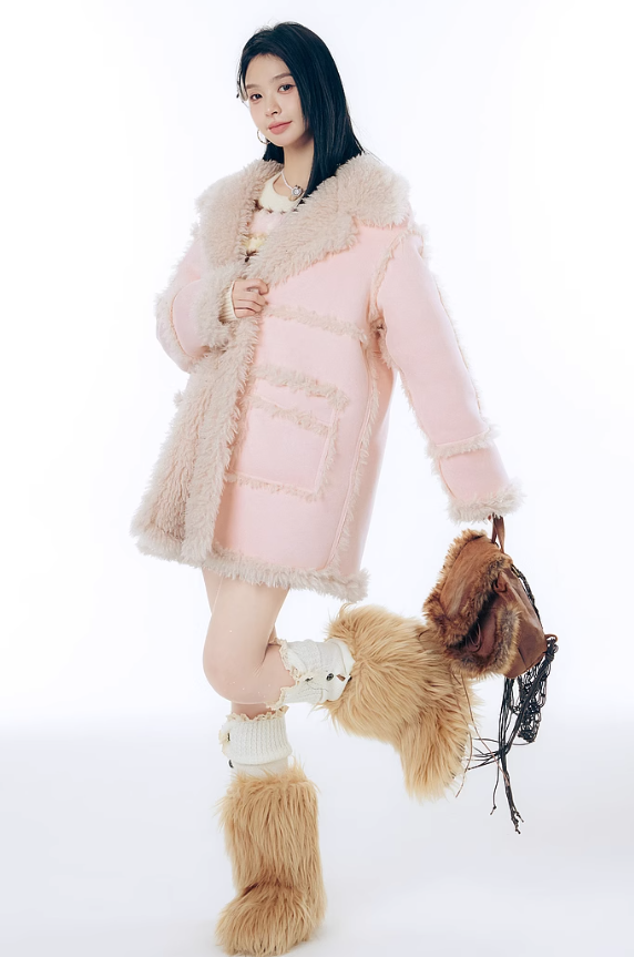 Eco-fur stitch mid-length suede coat LAC0246