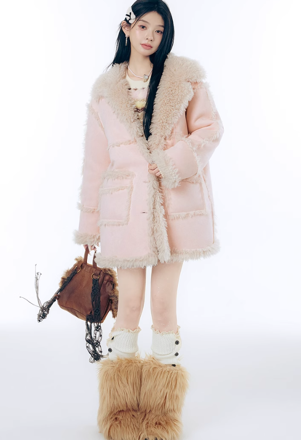 Eco-fur stitch mid-length suede coat LAC0246