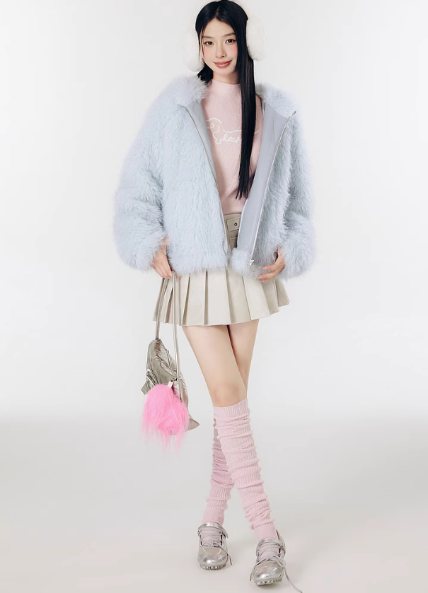 Long imitation fur jacket with rabbit ears hood LAC0250