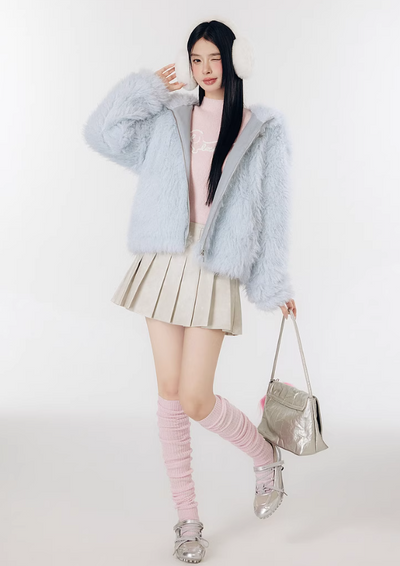 Long imitation fur jacket with rabbit ears hood LAC0250