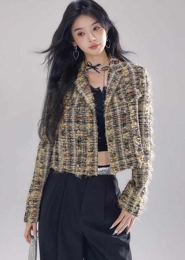 Wool blend tassel tweed style short jacket LAC0253