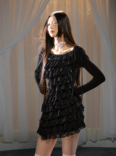 Black lace strap long sleeve dress RUS0040