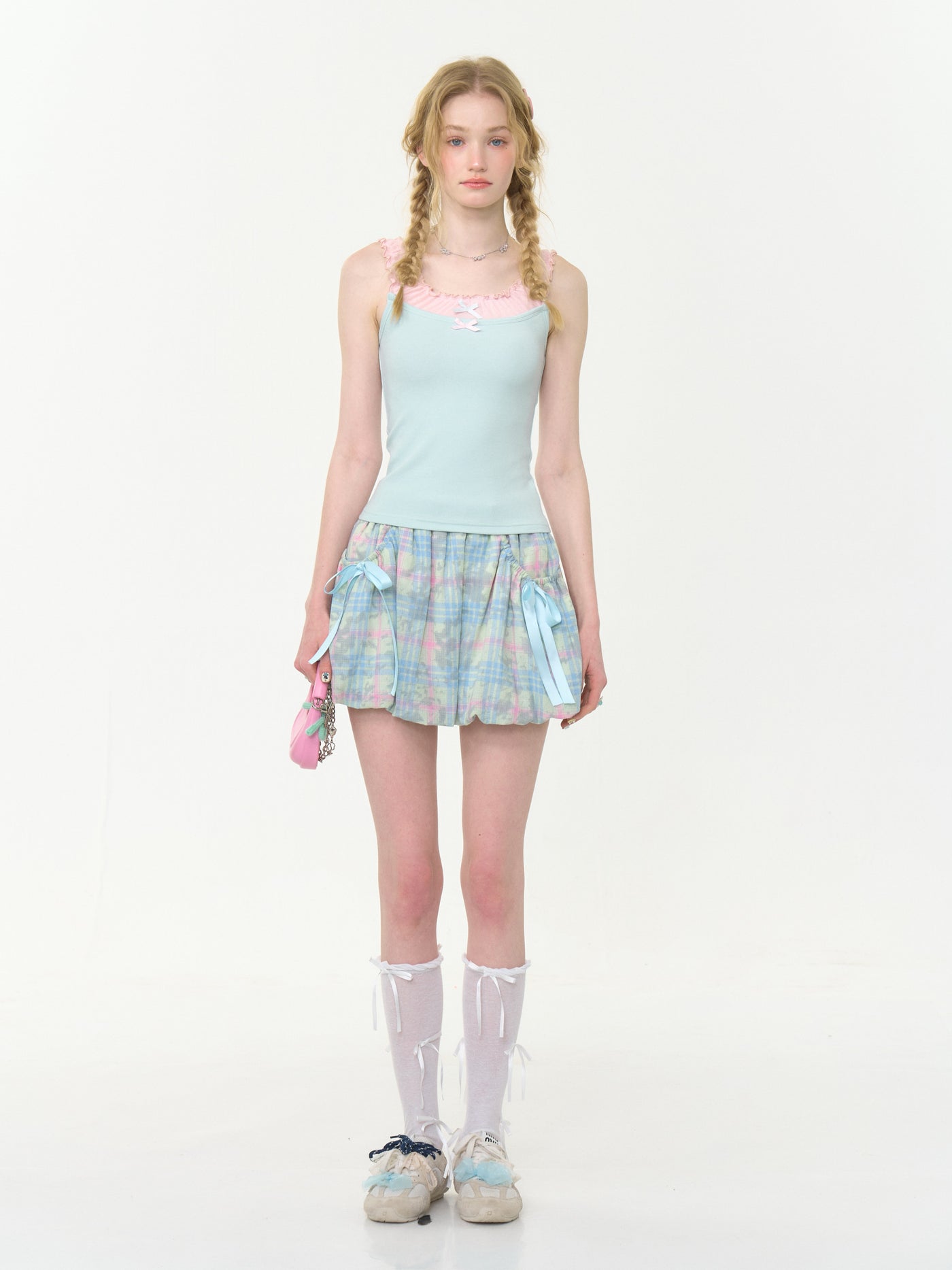 High Waist Blue Bow Plaid Skirt ZIZ0277
