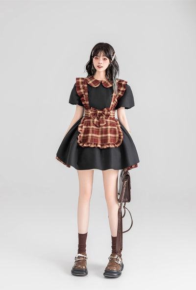 Maid Style Plaid Short Skirt Black Dress KEI0076