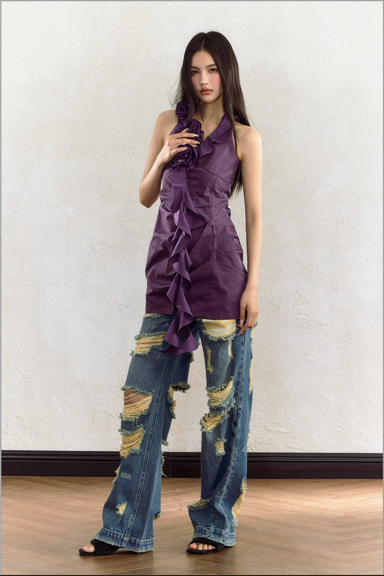 Rose V-neck Ruffled Purple Sleeveless Short Dress AGM0059