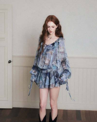 Ruffle Denim Full Print Chiffon Shirt Dress LUL0175