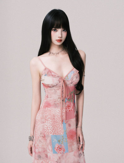 Flower V-neck Printed Suspender Dress LUL0147