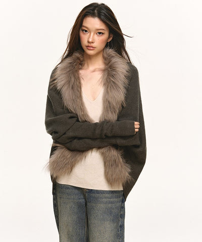 Fur Collar Patchwork Knitted Cardigan ANA0109