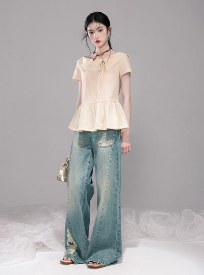 Cream Lapel Short Sleeve Top/Skirt COT0324