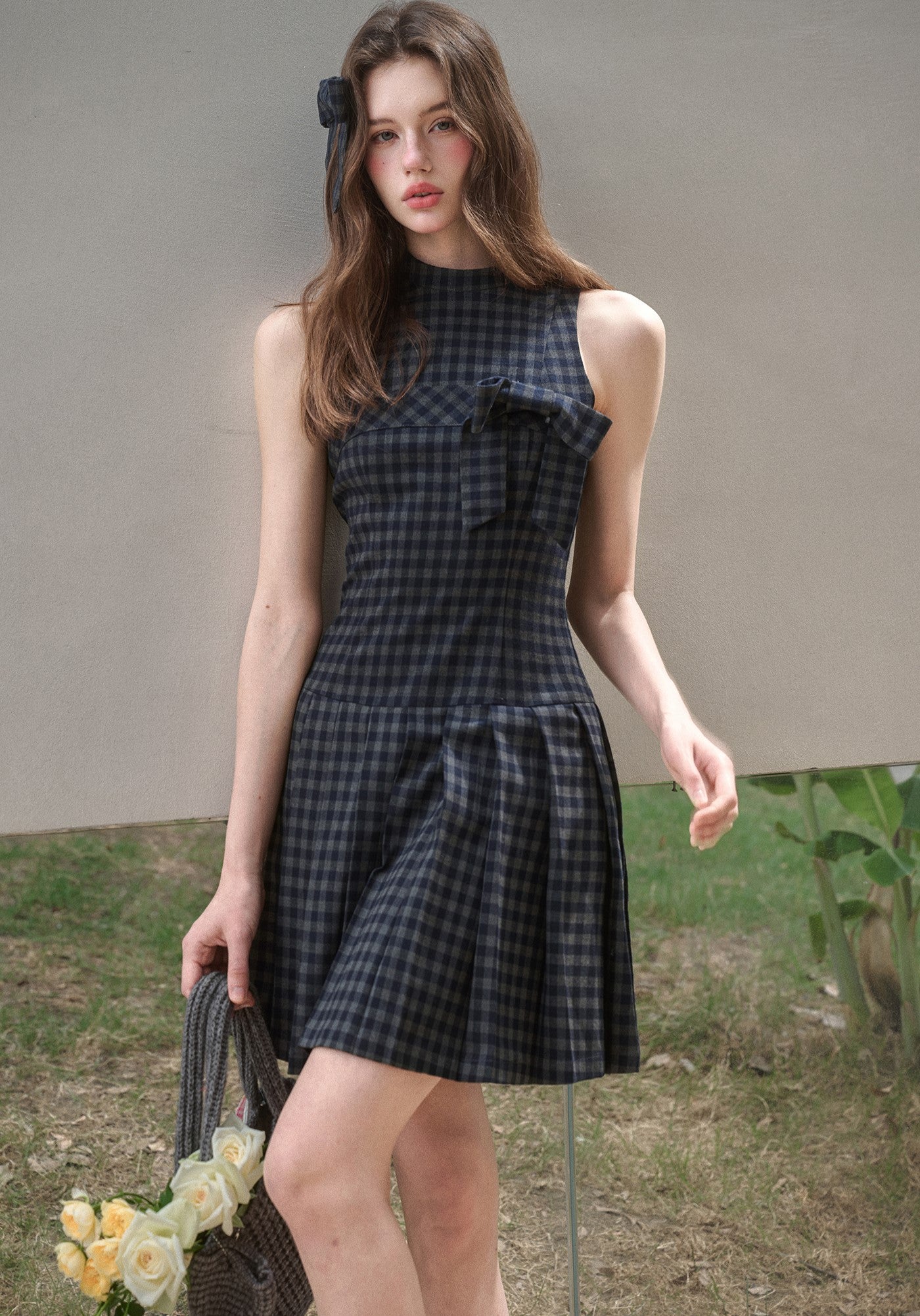 Bow Halter Neck Plaid Pleated Dress GRO0175