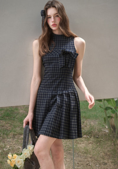 Bow Halter Neck Plaid Pleated Dress GRO0175
