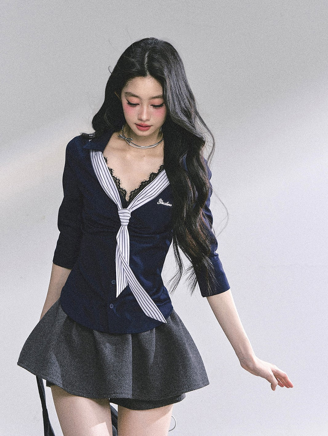 Lace Striped Slim Shirt DIA0572