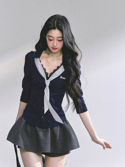 Lace Striped Slim Shirt DIA0572