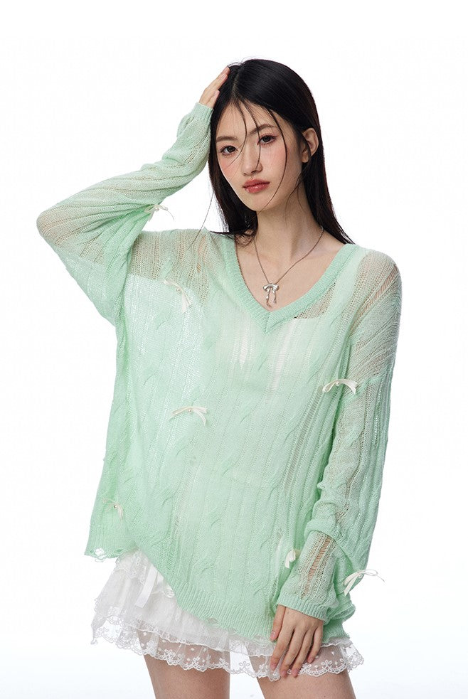 Lazy Style Mint Green Irregular Hollow Bow Knit/Camisole NTO0115