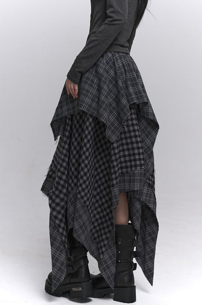 Irregular Hem Plaid Midi Skirt LAD0227