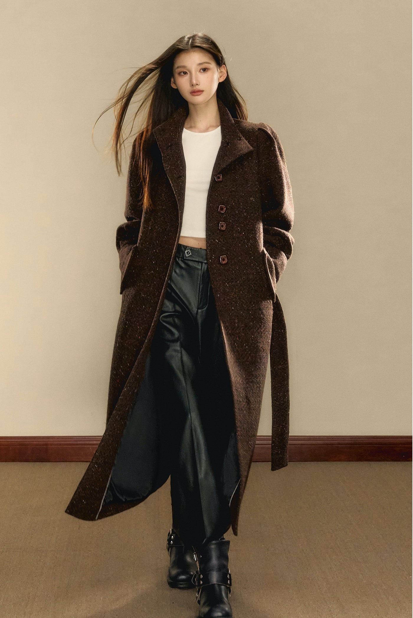 Chocolate Brown Tweed Long Over-the-Knee Wool Coat OSH0103