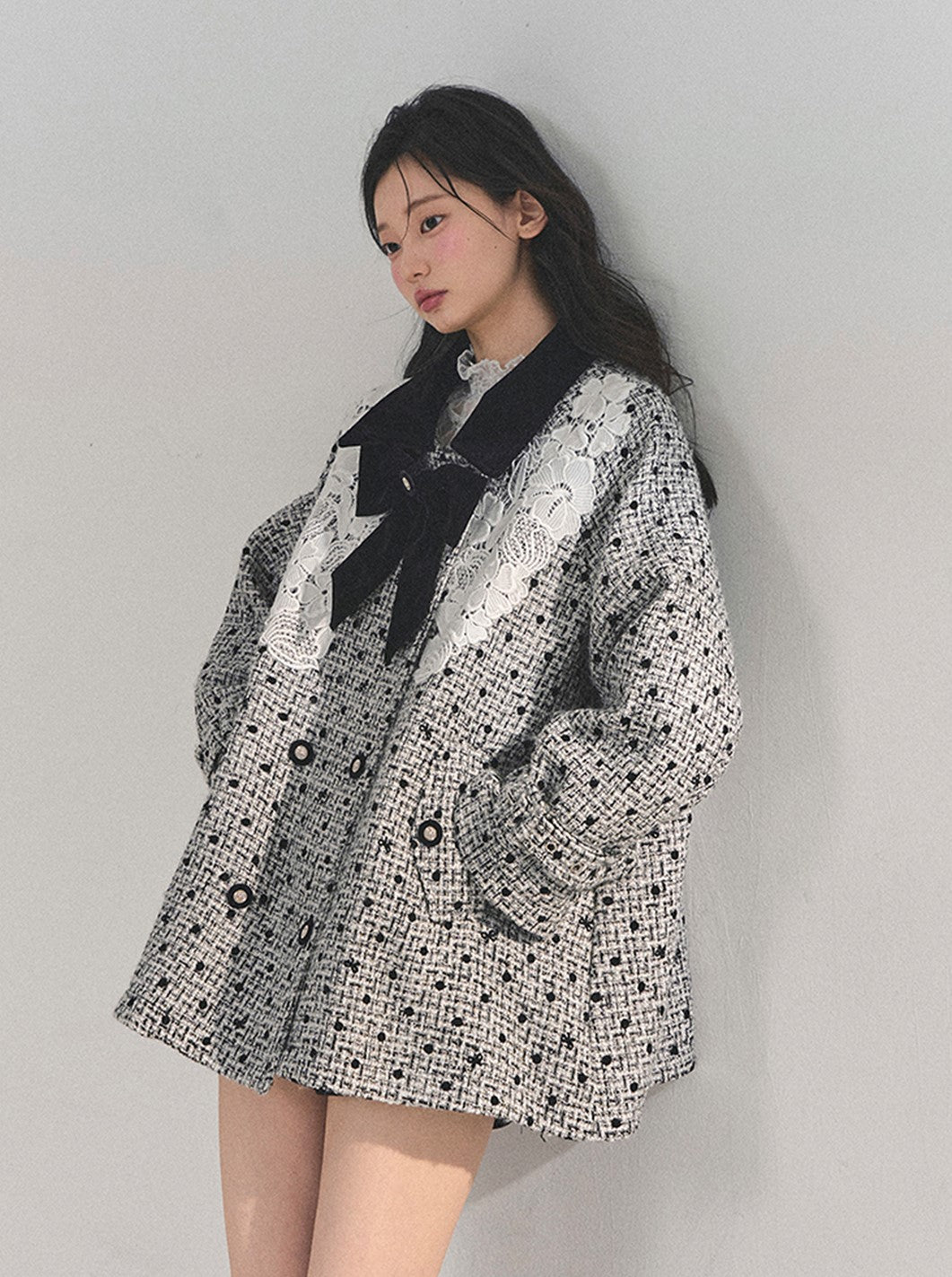 Detachable Bow Lace Plaid Coat DIA0767