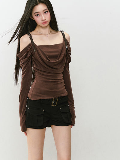 Leather Shoulder Strap Long-sleeved T-shirt VIA0336