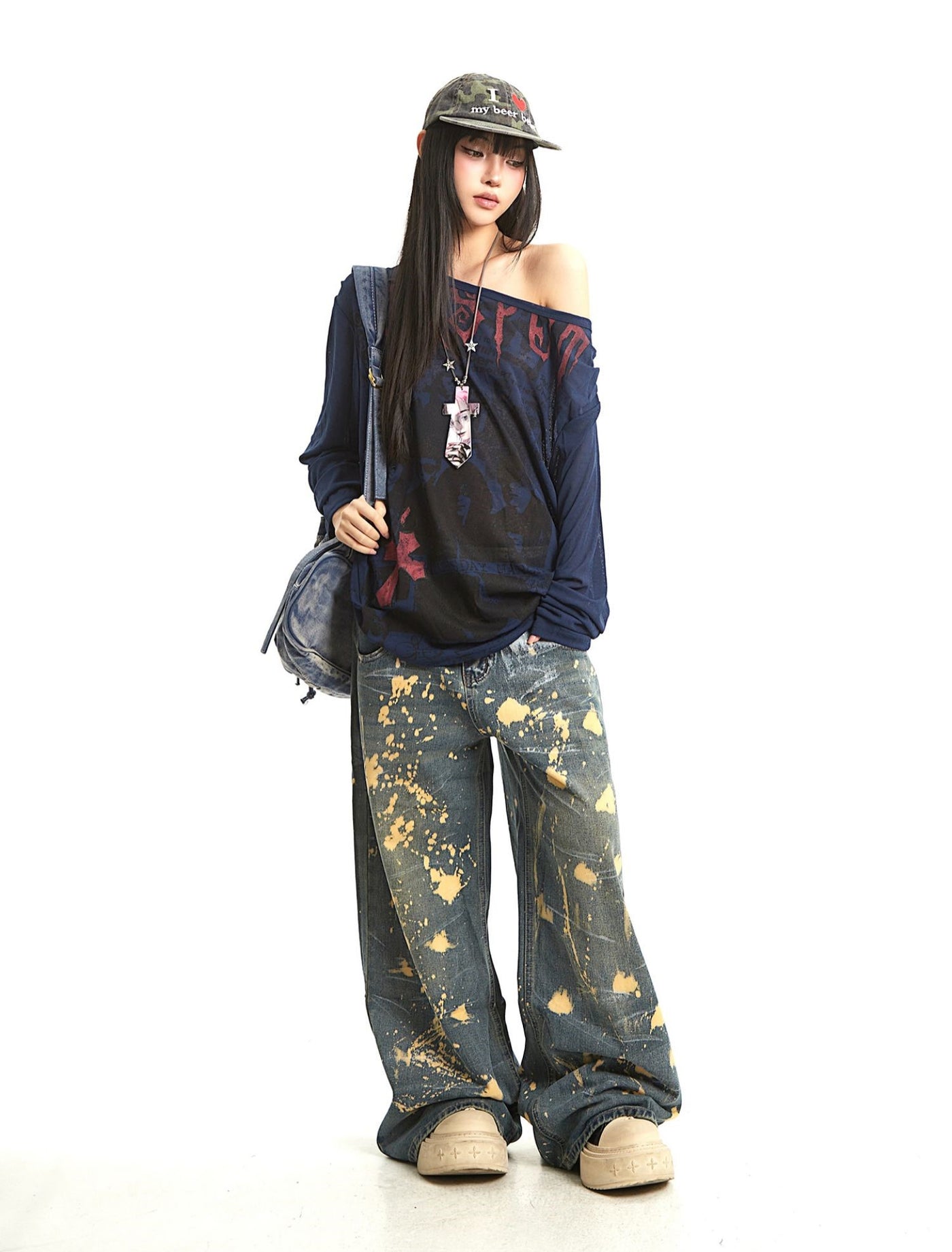 Retro Print Oblique Shoulder T-shirt UNC0289