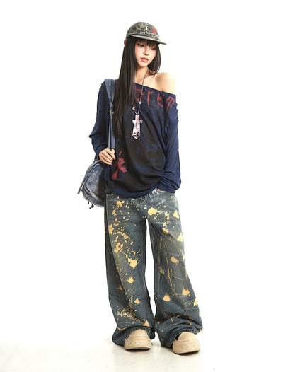 Retro Print Oblique Shoulder T-shirt UNC0289