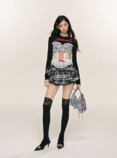 Lace Plaid A-line Slim Cake Short Skirt DIA0224