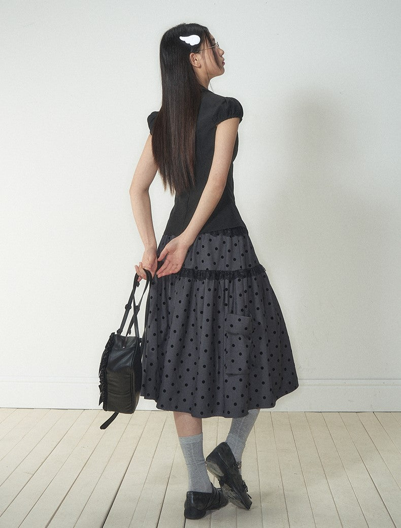 Gray Polka Dot Pocket Midi Skirt SOO0013