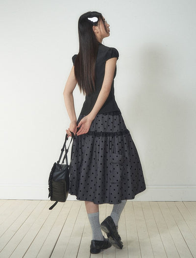 Gray Polka Dot Pocket Midi Skirt SOO0013