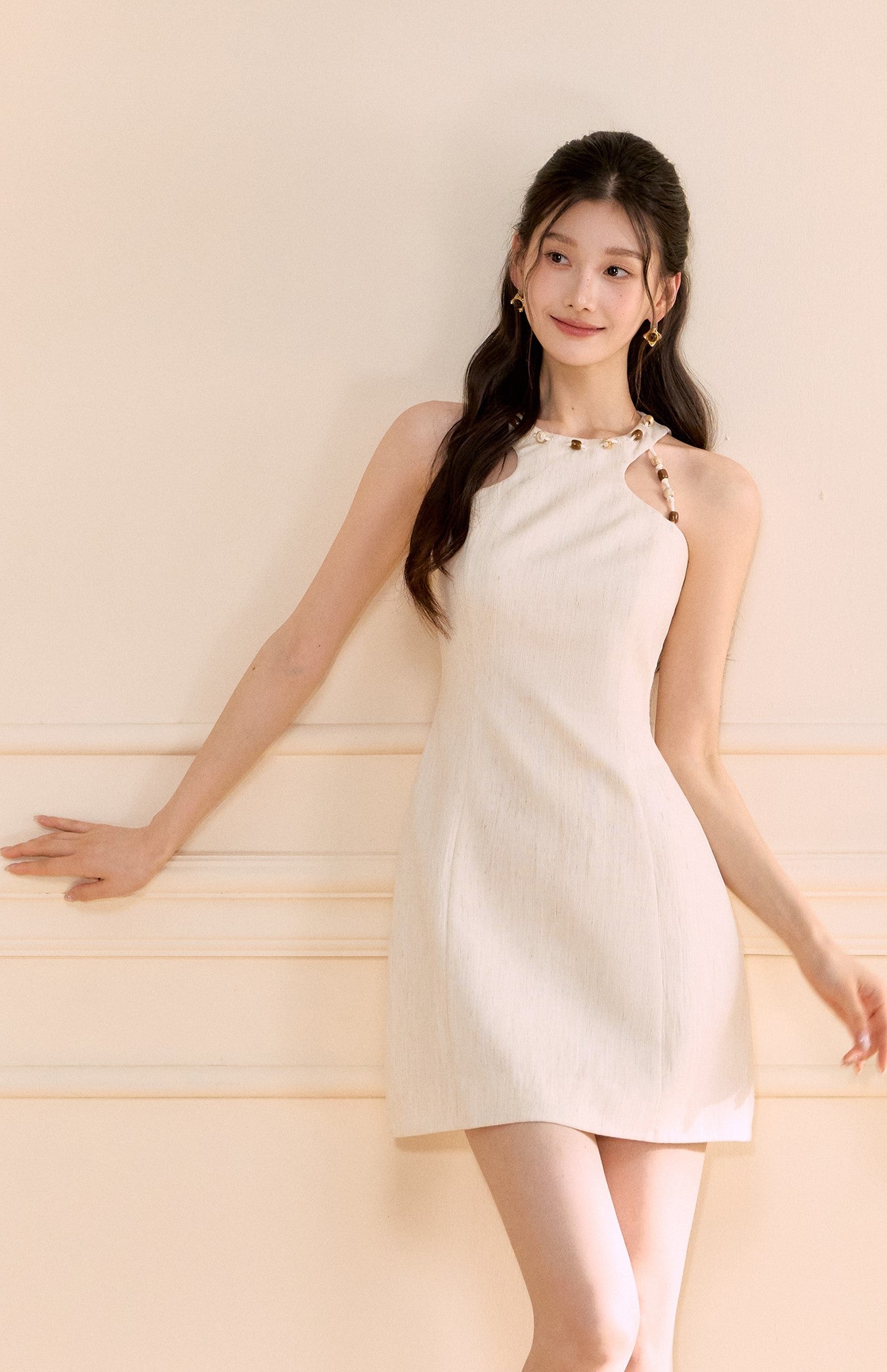 Halter Neck Beaded Linen Short Dress OSH0173