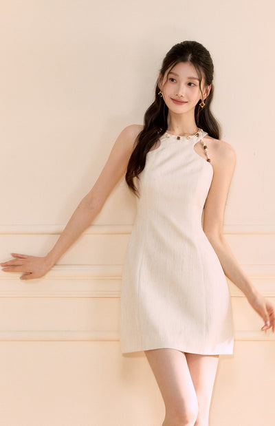 Halter Neck Beaded Linen Short Dress OSH0173