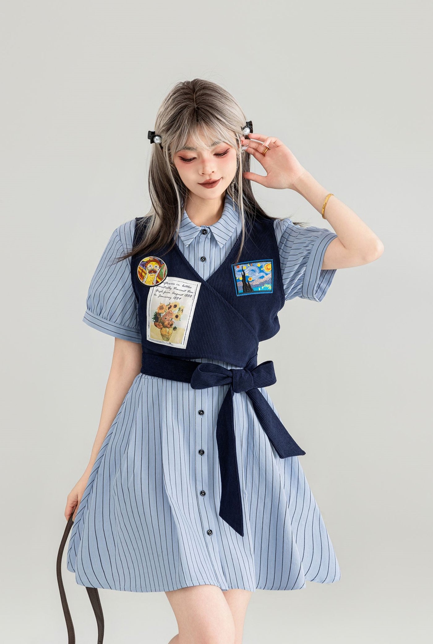 American College Fake Two-piece Striped Shirt Dress KEI0045