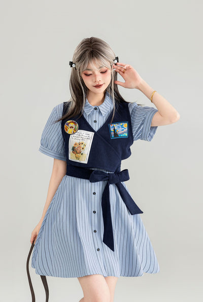 American College Fake Two-piece Striped Shirt Dress KEI0045