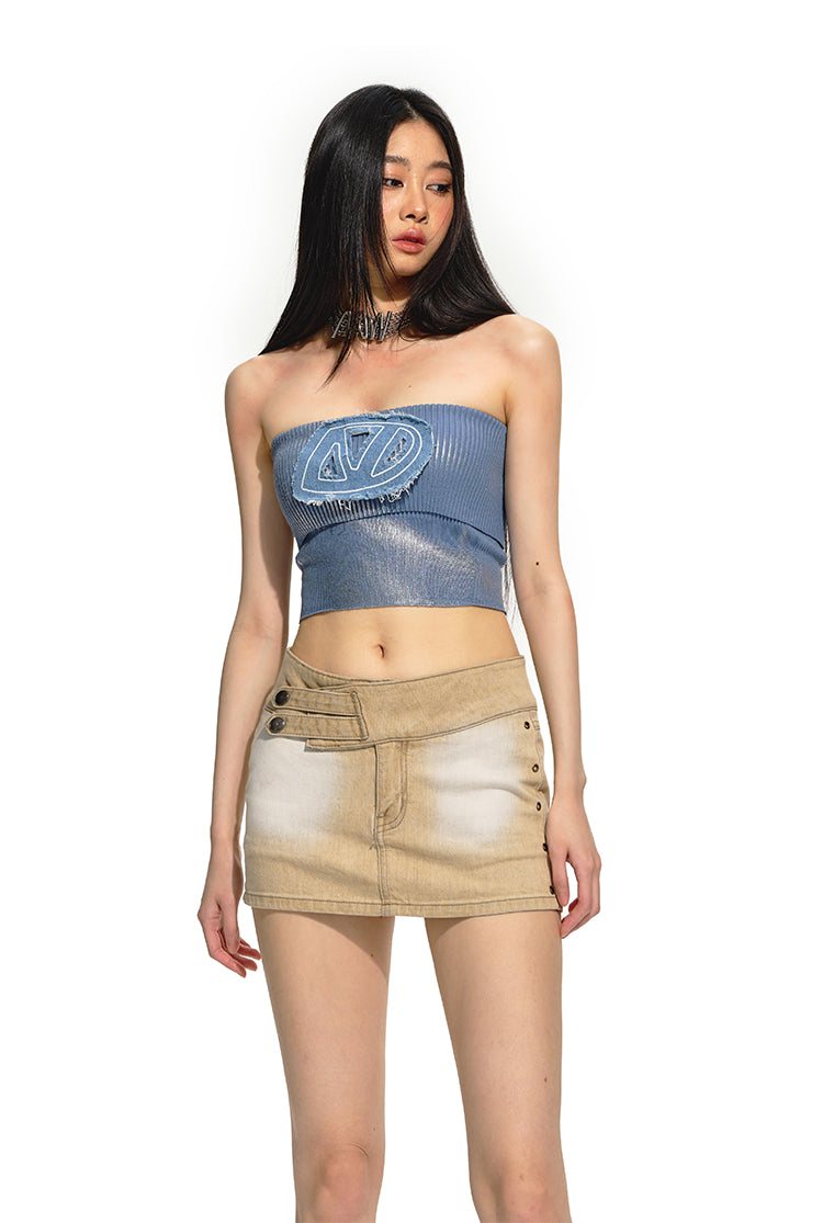 Tight Brushed Silver Denim Embroidered Knit Short Tube Top NOT0193