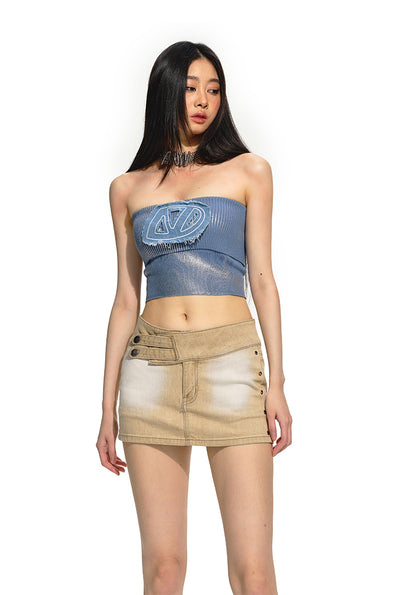 Tight Brushed Silver Denim Embroidered Knit Short Tube Top NOT0193