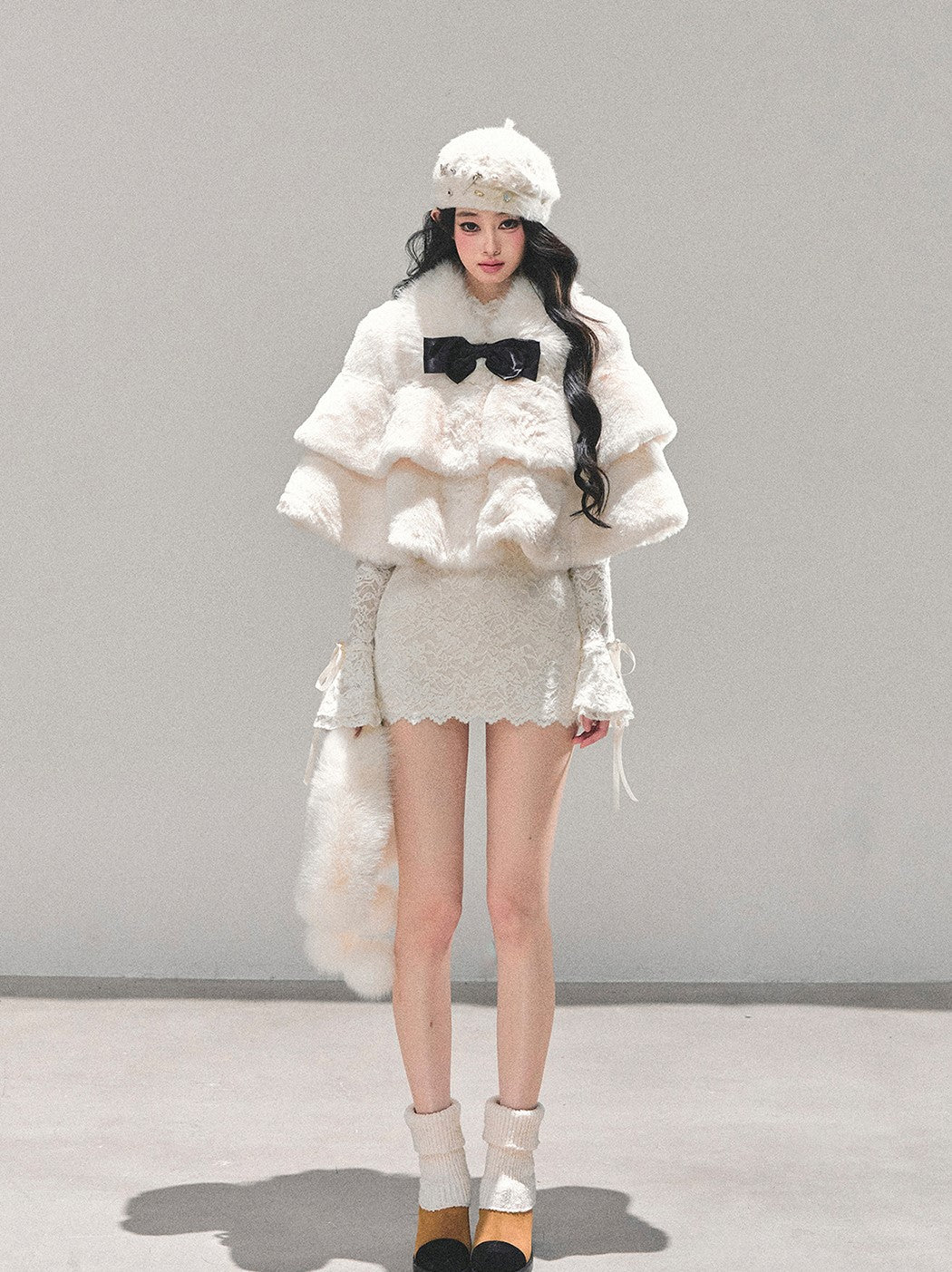 French-style Plush Ribbon Cape Coat DIA0674