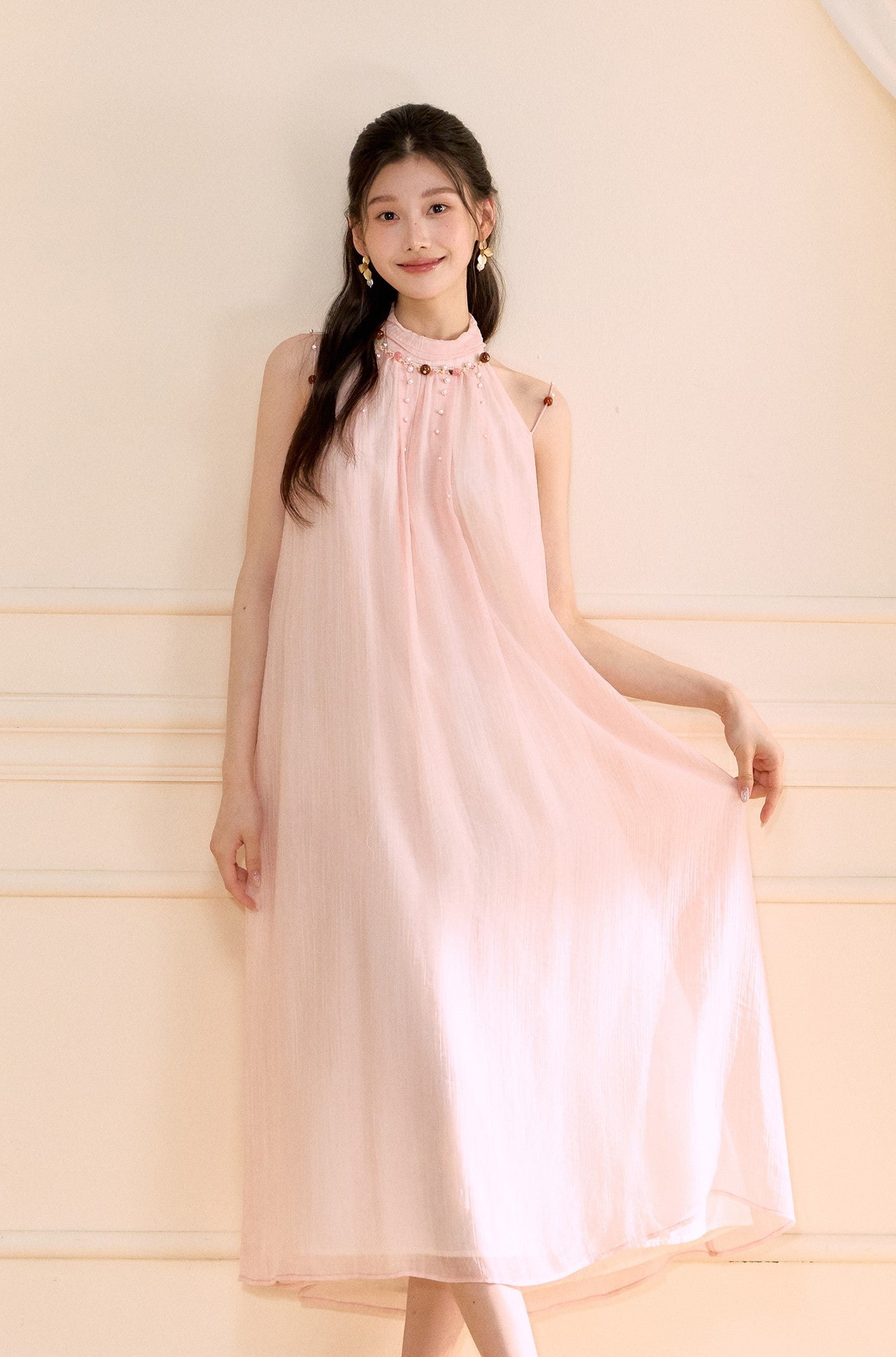 Halter Neck Beaded A-line Long Dress OSH0171