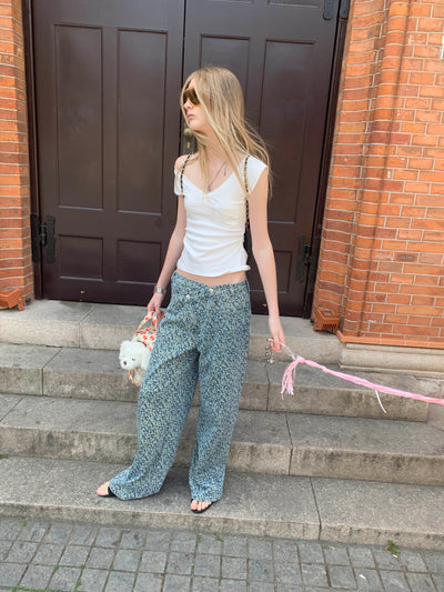 Floral Asymmetrical Layered Placket Jeans AOA0028