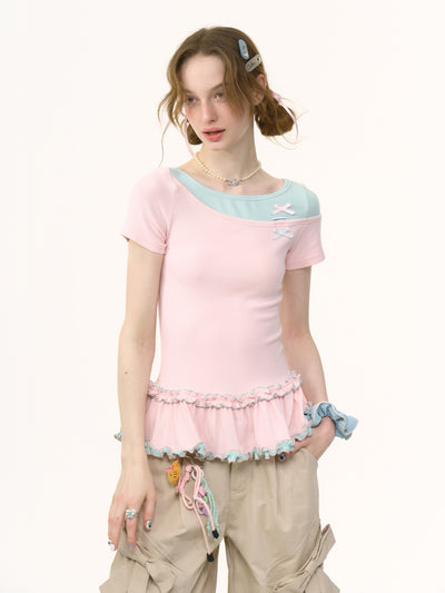 Fake Two-piece Bow Lace Hem T-shirt ZIZ0246